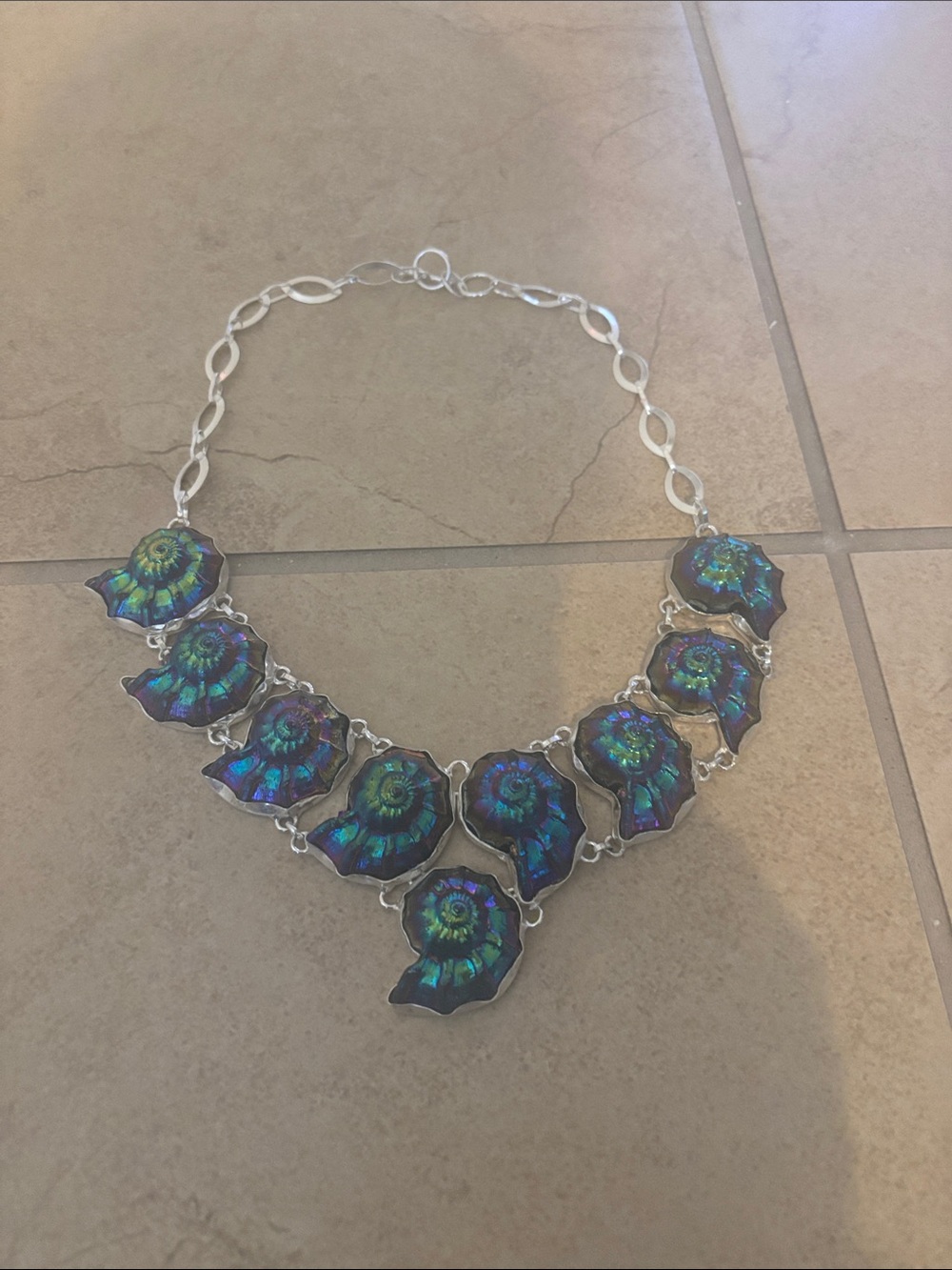 Iridescent Floral Statement Necklace - Green Blue